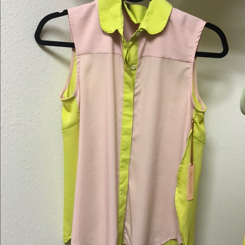 Blush and chartreuse button down blouse.